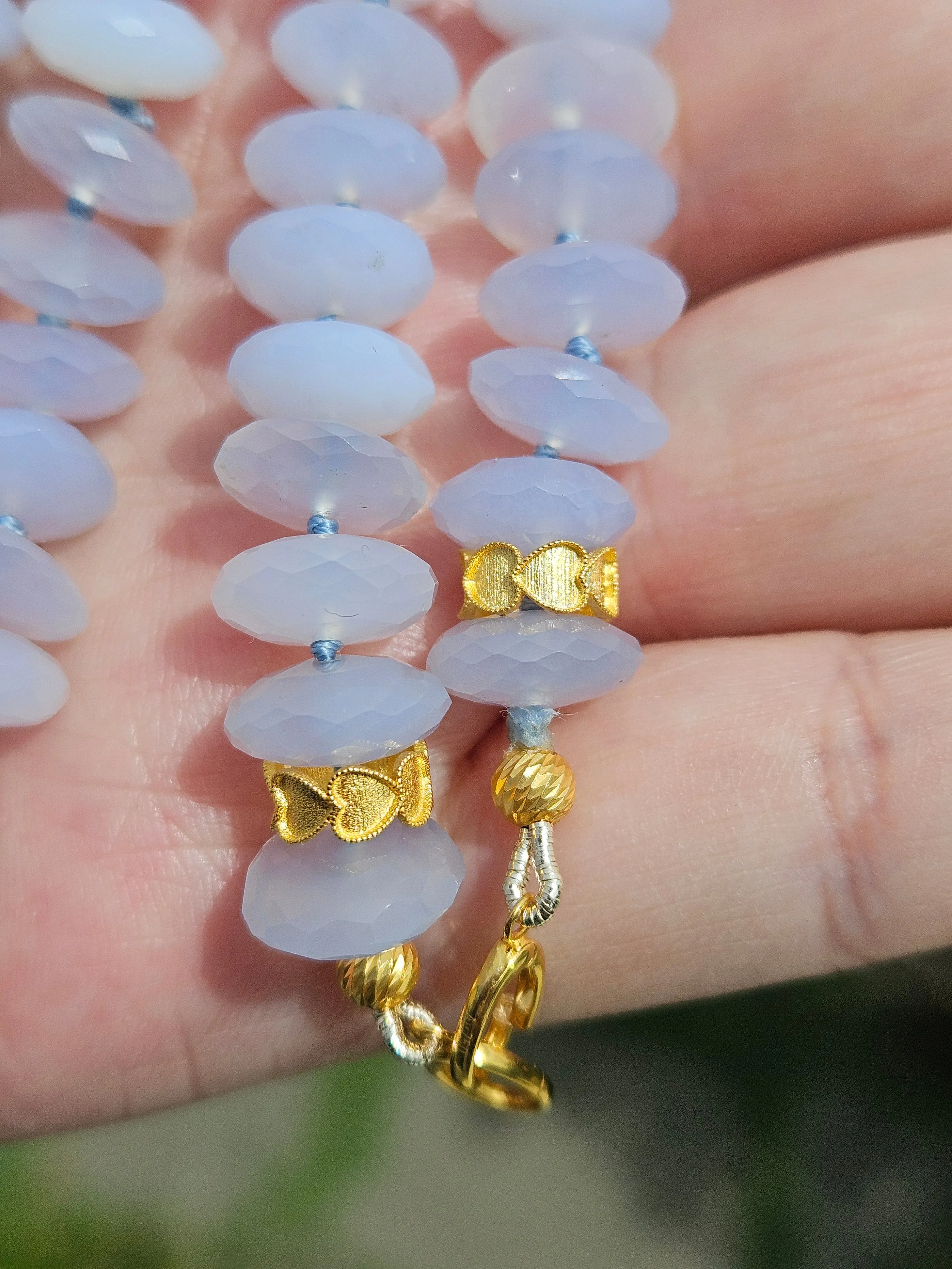 Blue Chalcedony Necklace with Diamond Pave Heart Pendant 18K Yellow Gold