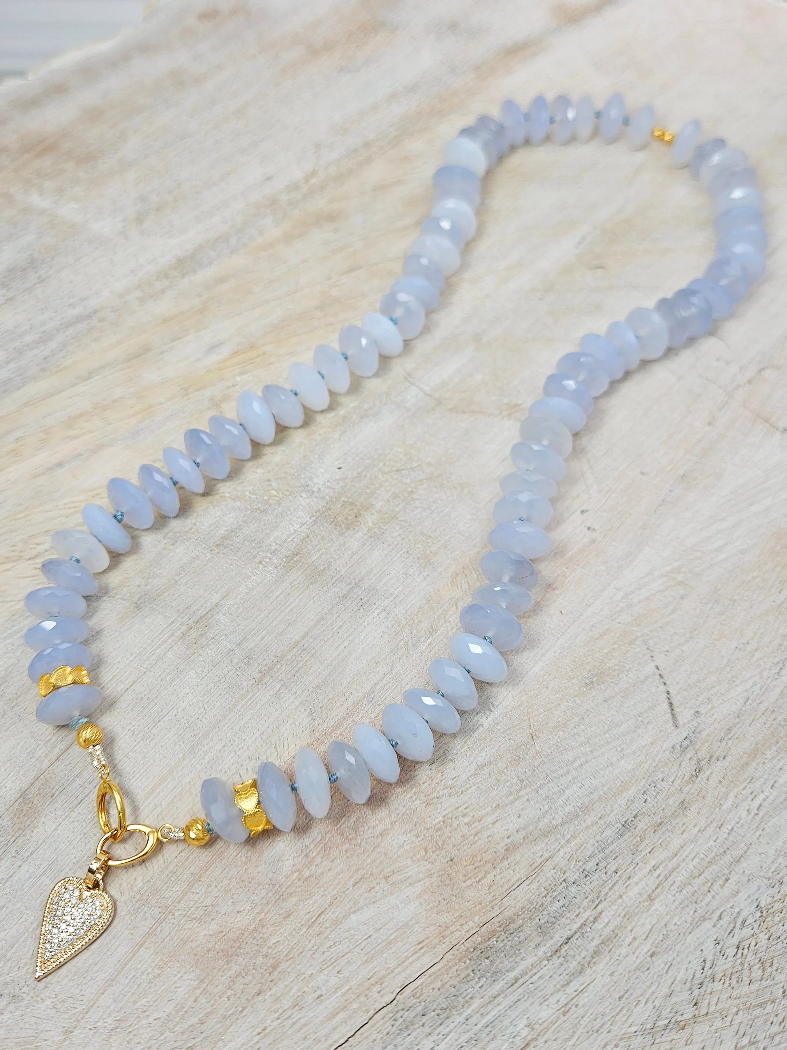 Blue Chalcedony Necklace with Diamond Pave Heart Pendant 18K Yellow Gold