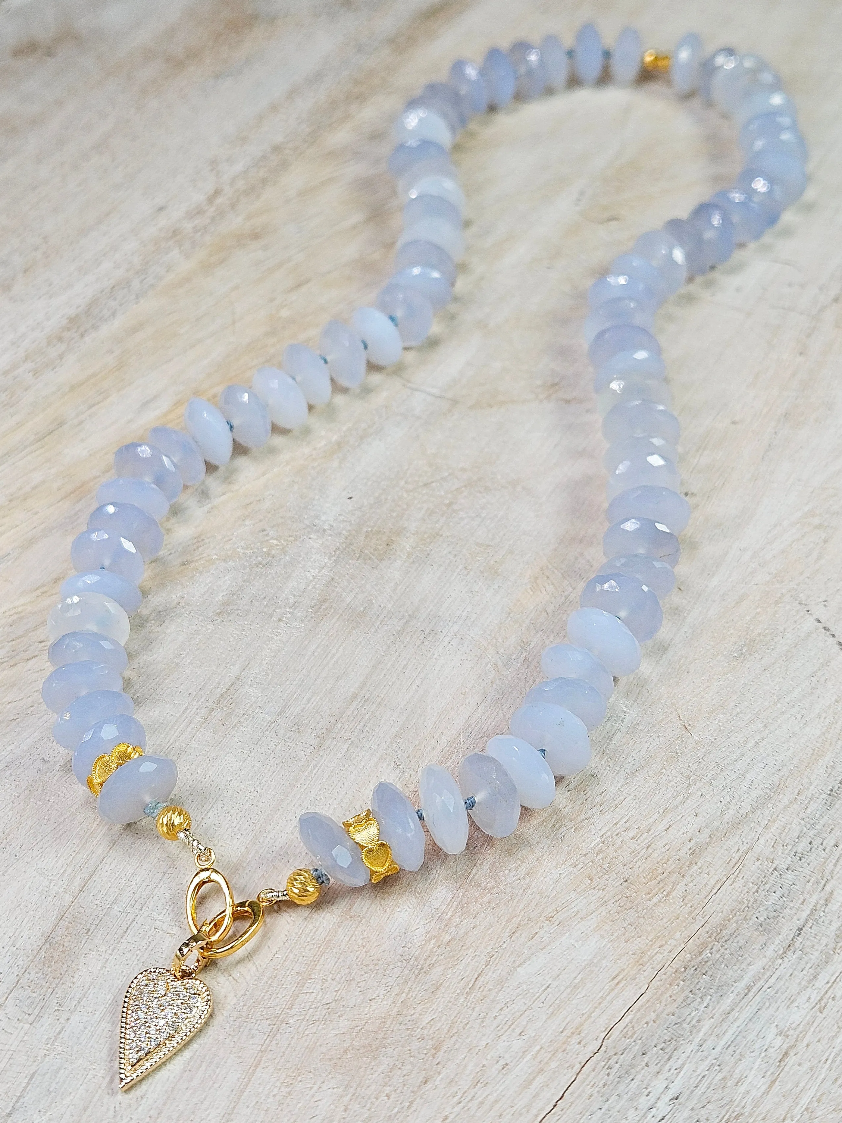 Blue Chalcedony Necklace with Diamond Pave Heart Pendant 18K Yellow Gold