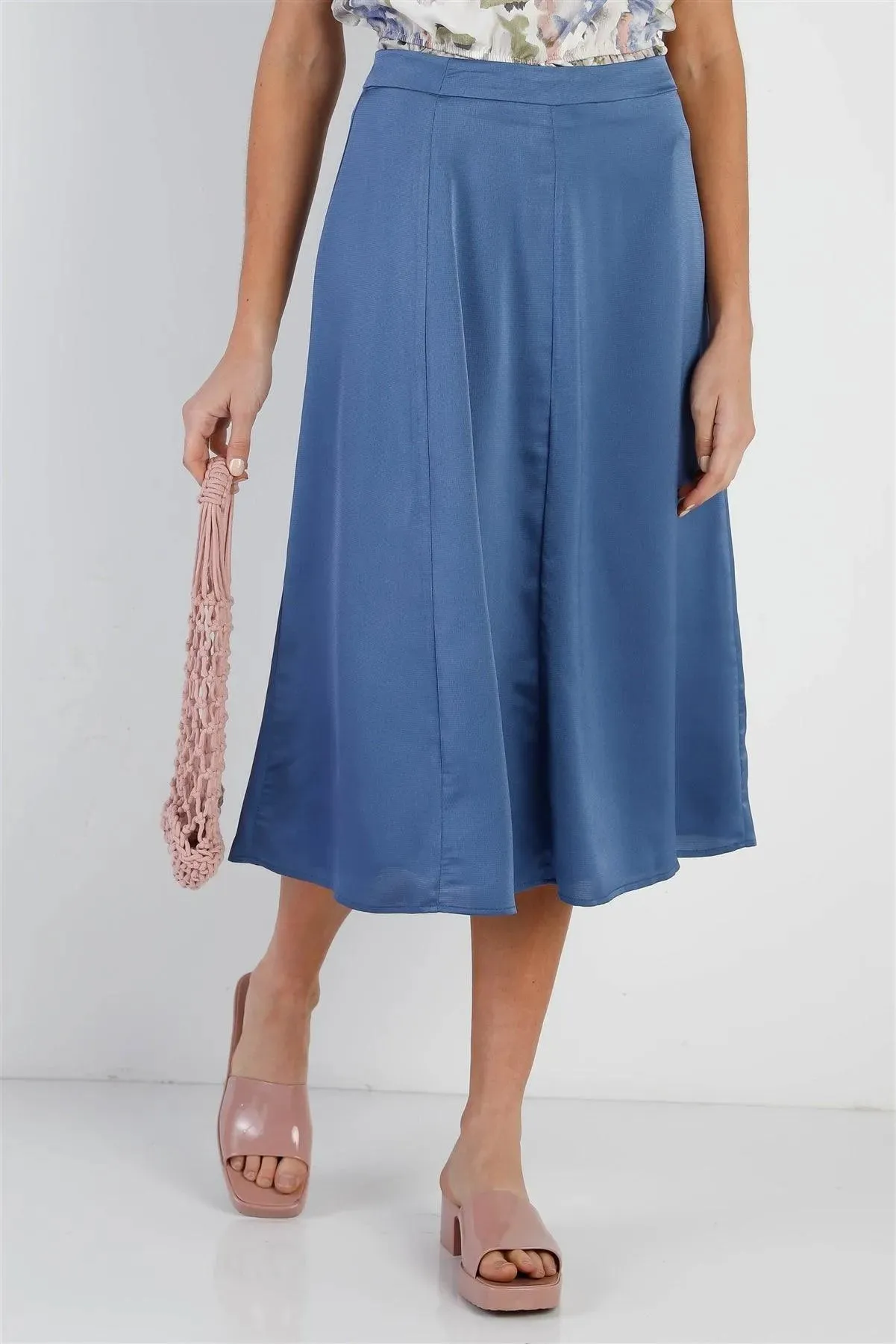 Blue Satin Effect Midi Slip Skirt