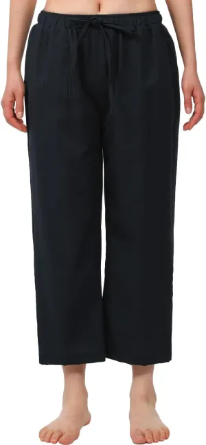 Bonnorth Women's Cotton Linen Drawstring Elastic Waist Loose Wide Leg Cropped Pants with Pockets
