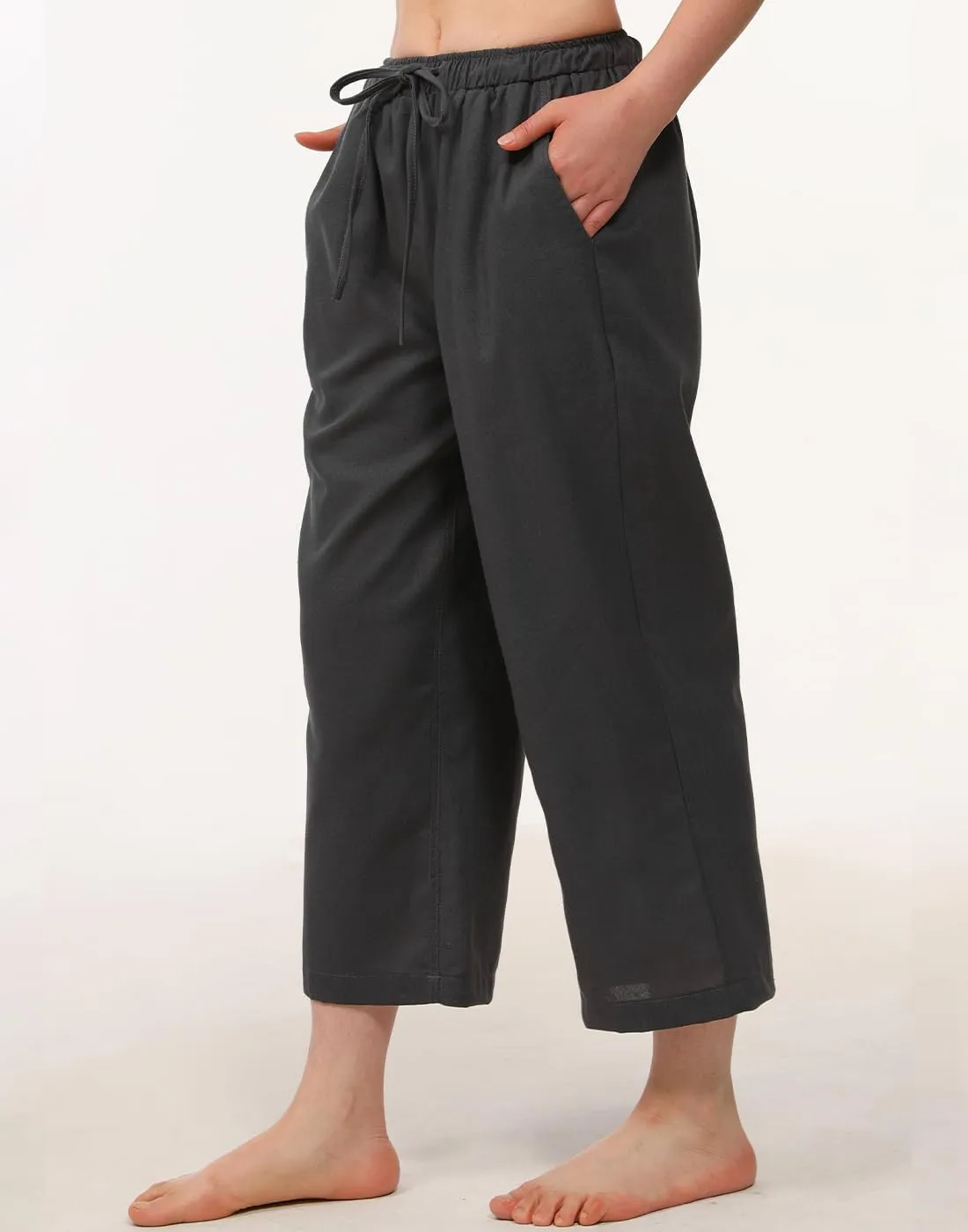 Bonnorth Women's Cotton Linen Drawstring Elastic Waist Loose Wide Leg Cropped Pants with Pockets
