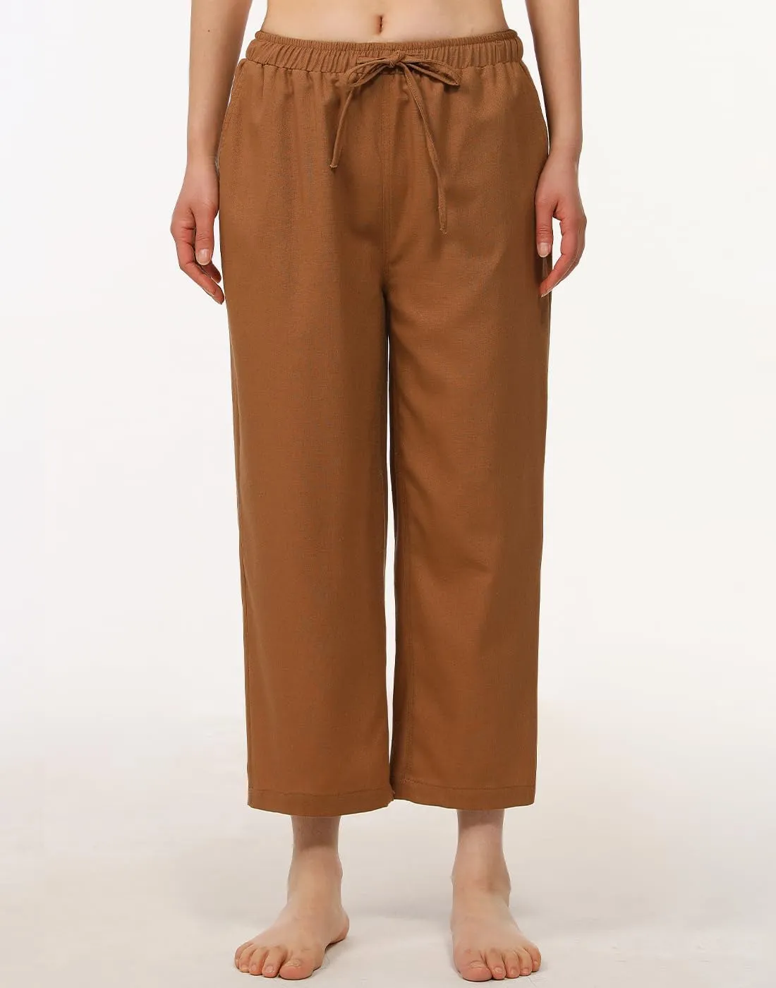 Bonnorth Women's Cotton Linen Drawstring Elastic Waist Loose Wide Leg Cropped Pants with Pockets