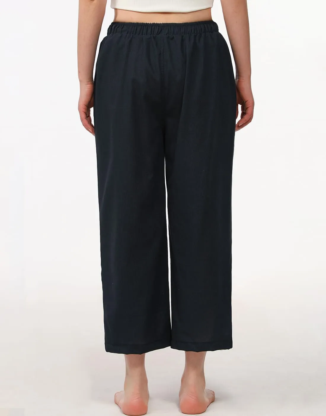 Bonnorth Women's Cotton Linen Drawstring Elastic Waist Loose Wide Leg Cropped Pants with Pockets