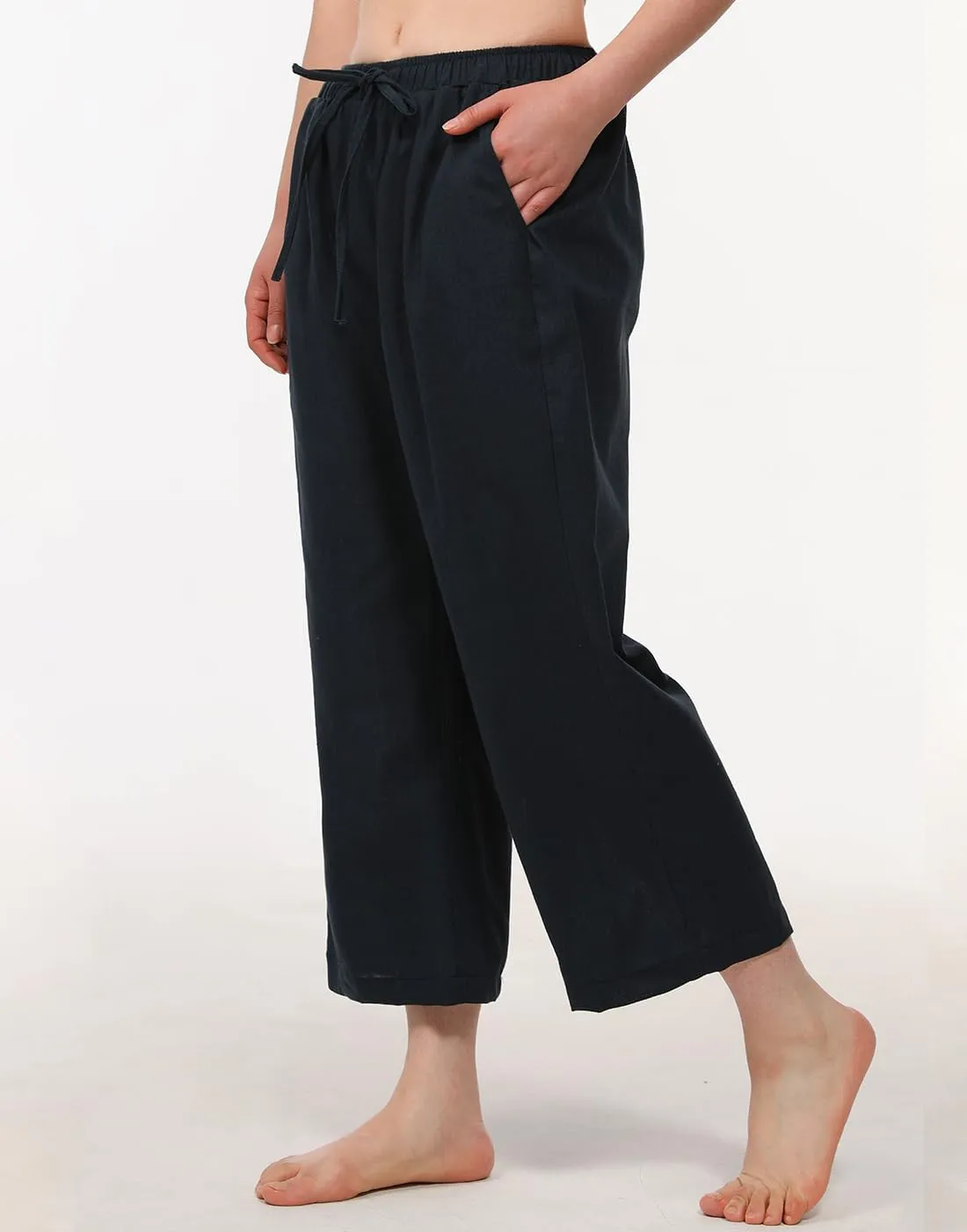 Bonnorth Women's Cotton Linen Drawstring Elastic Waist Loose Wide Leg Cropped Pants with Pockets