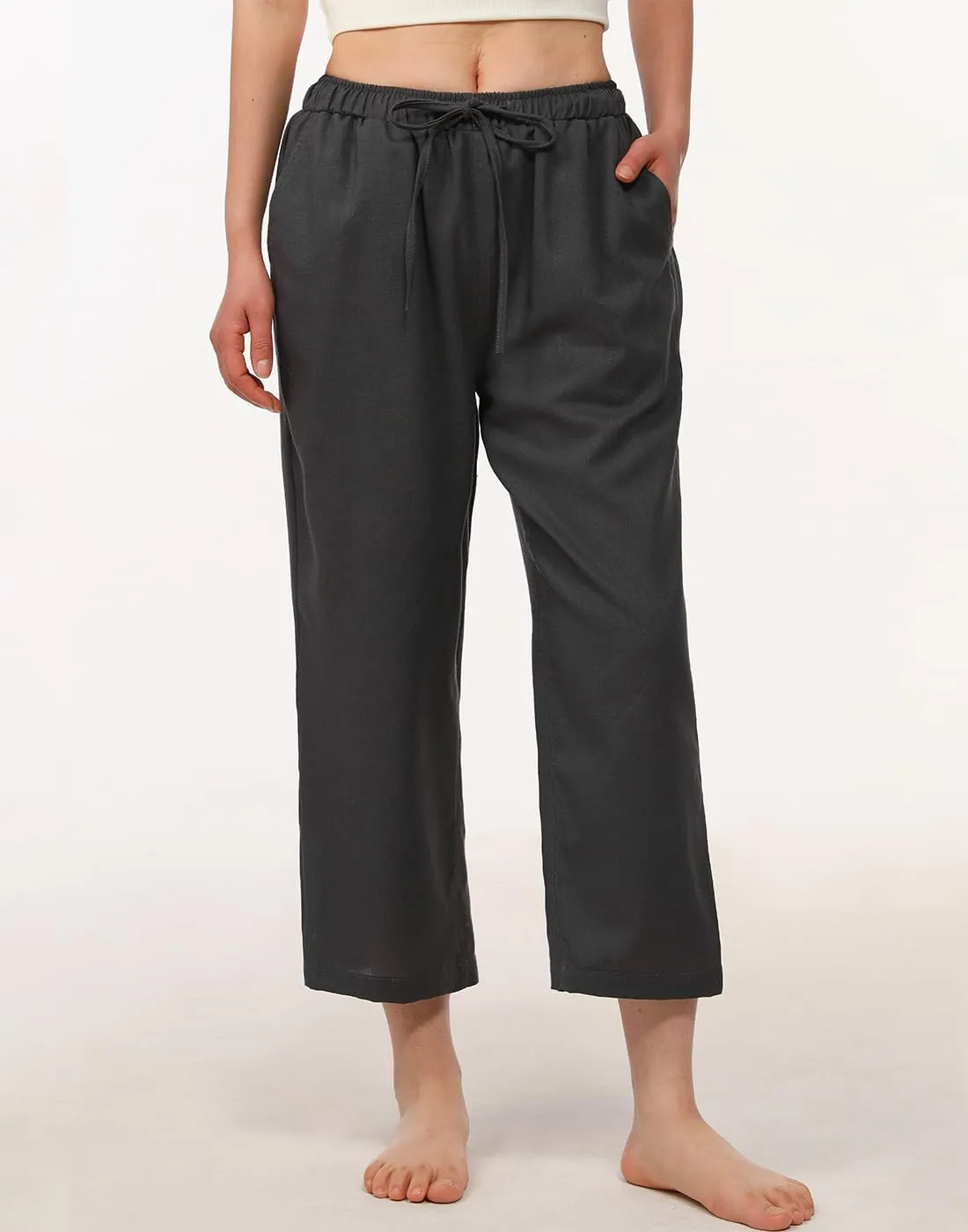Bonnorth Women's Cotton Linen Drawstring Elastic Waist Loose Wide Leg Cropped Pants with Pockets