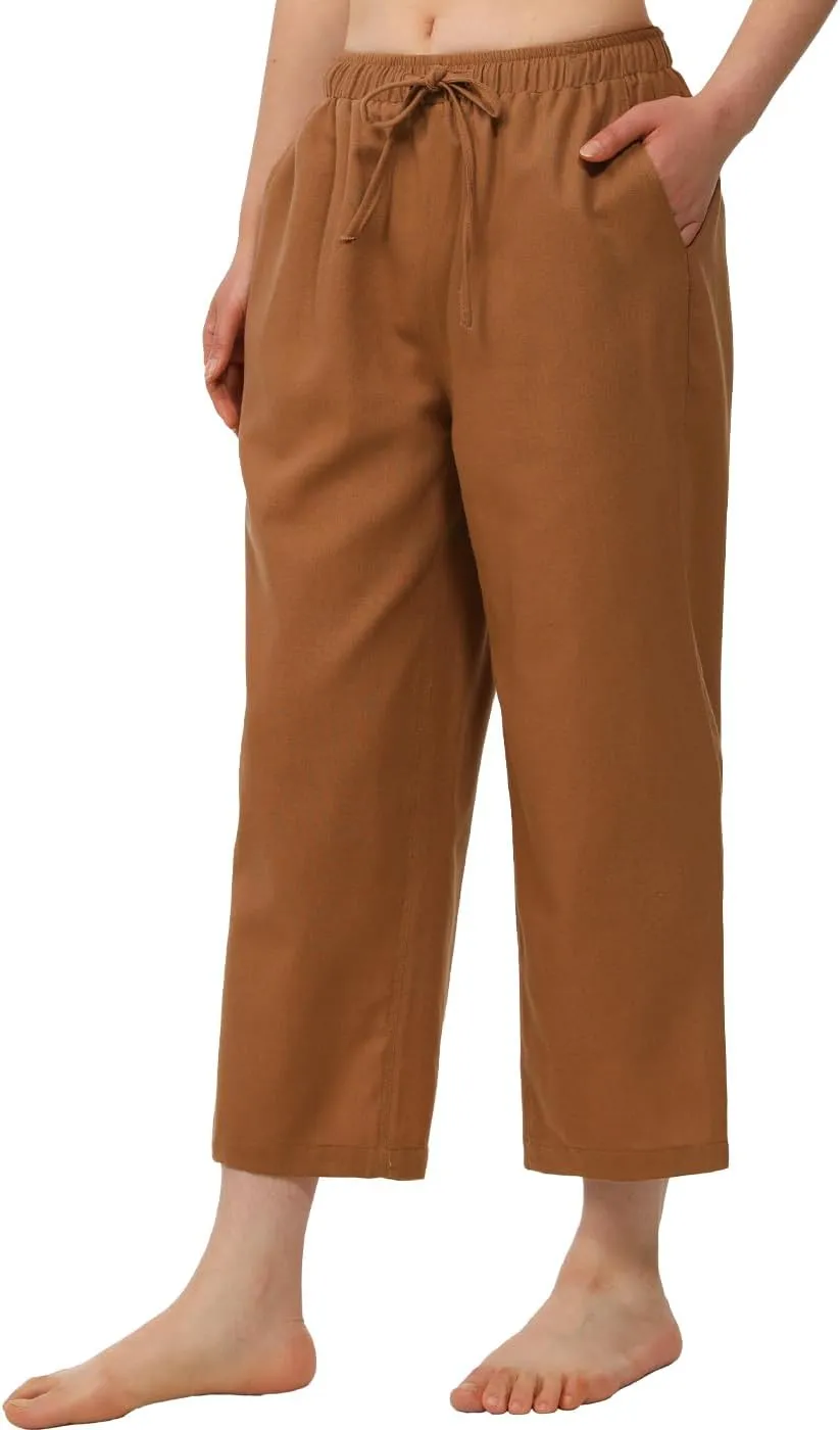 Bonnorth Women's Cotton Linen Drawstring Elastic Waist Loose Wide Leg Cropped Pants with Pockets