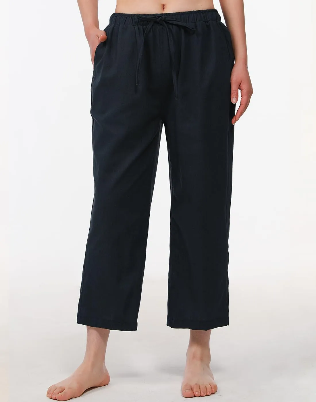 Bonnorth Women's Cotton Linen Drawstring Elastic Waist Loose Wide Leg Cropped Pants with Pockets