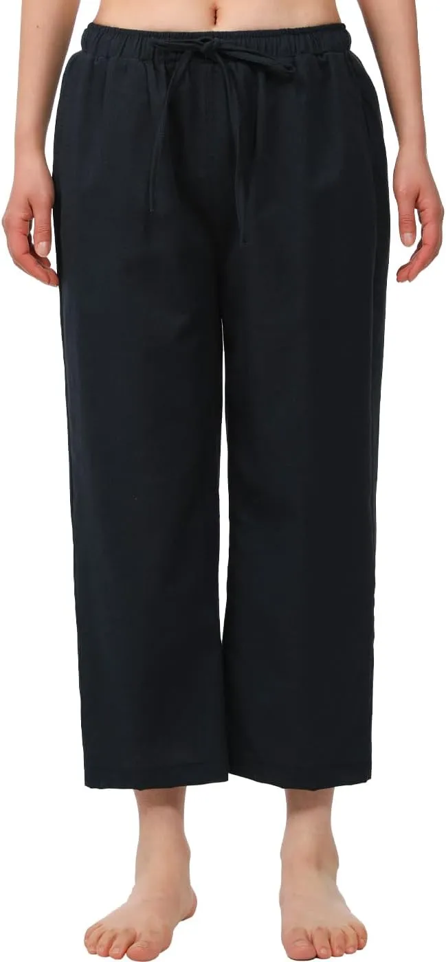 Bonnorth Women's Cotton Linen Drawstring Elastic Waist Loose Wide Leg Cropped Pants with Pockets