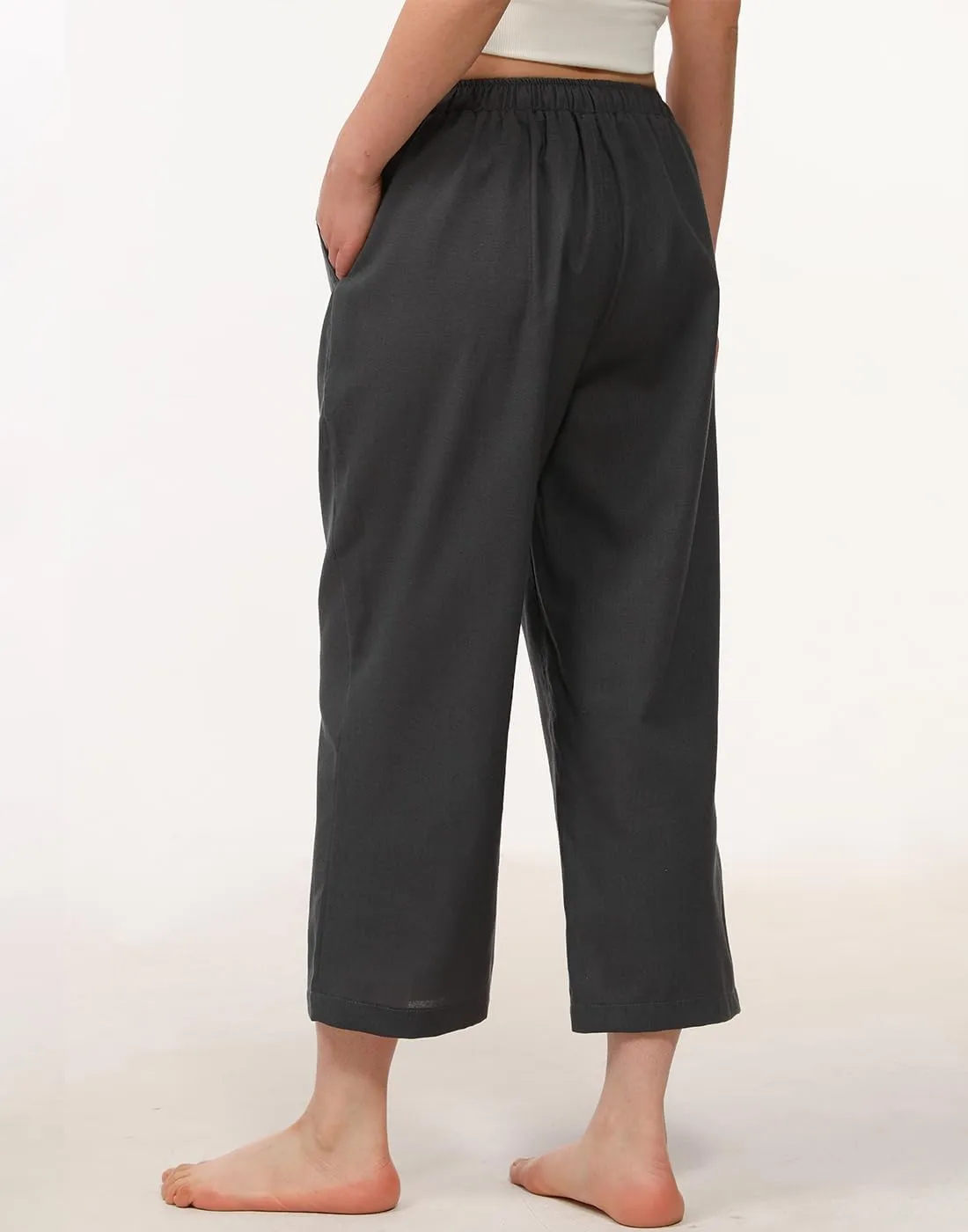 Bonnorth Women's Cotton Linen Drawstring Elastic Waist Loose Wide Leg Cropped Pants with Pockets