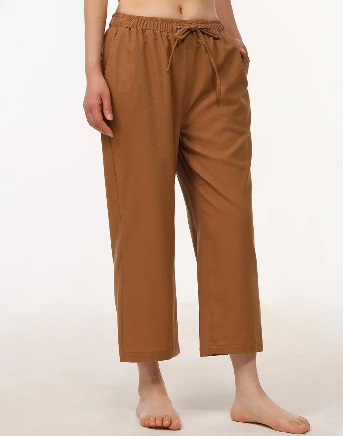 Bonnorth Women's Cotton Linen Drawstring Elastic Waist Loose Wide Leg Cropped Pants with Pockets