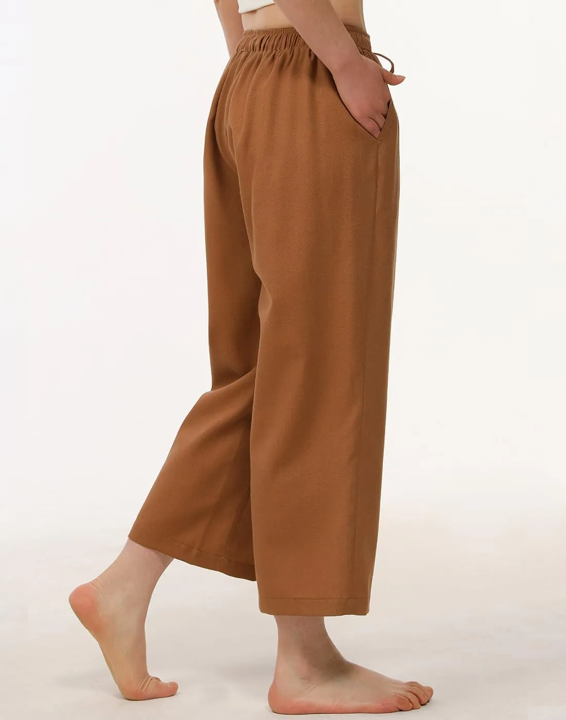 Bonnorth Women's Cotton Linen Drawstring Elastic Waist Loose Wide Leg Cropped Pants with Pockets