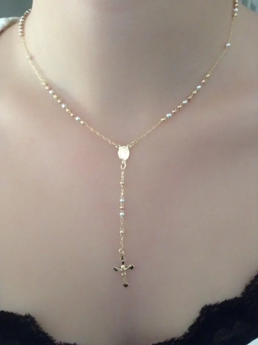 Catholic Rosary Necklace for Woman Rose Gold and Silver Plated Ball Chain