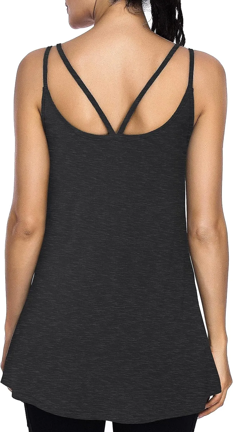 Cestyle Spaghetti Straps Camisole with Built-in Padded Shelf Bra for Women Dressy Casual, Scoop Neck Tunic Length Tank Tops