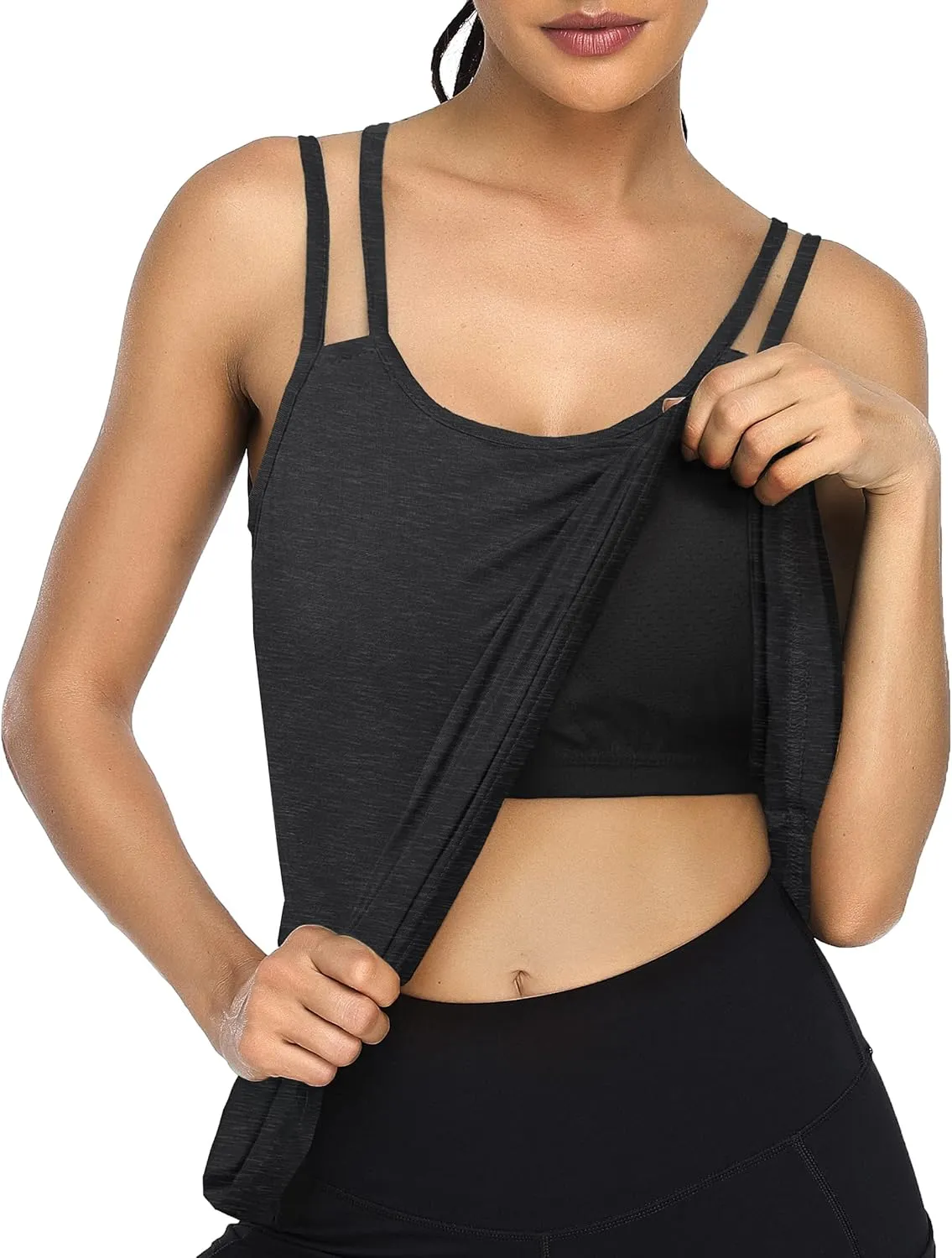 Cestyle Spaghetti Straps Camisole with Built-in Padded Shelf Bra for Women Dressy Casual, Scoop Neck Tunic Length Tank Tops