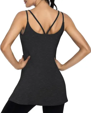 Cestyle Spaghetti Straps Camisole with Built-in Padded Shelf Bra for Women Dressy Casual, Scoop Neck Tunic Length Tank Tops
