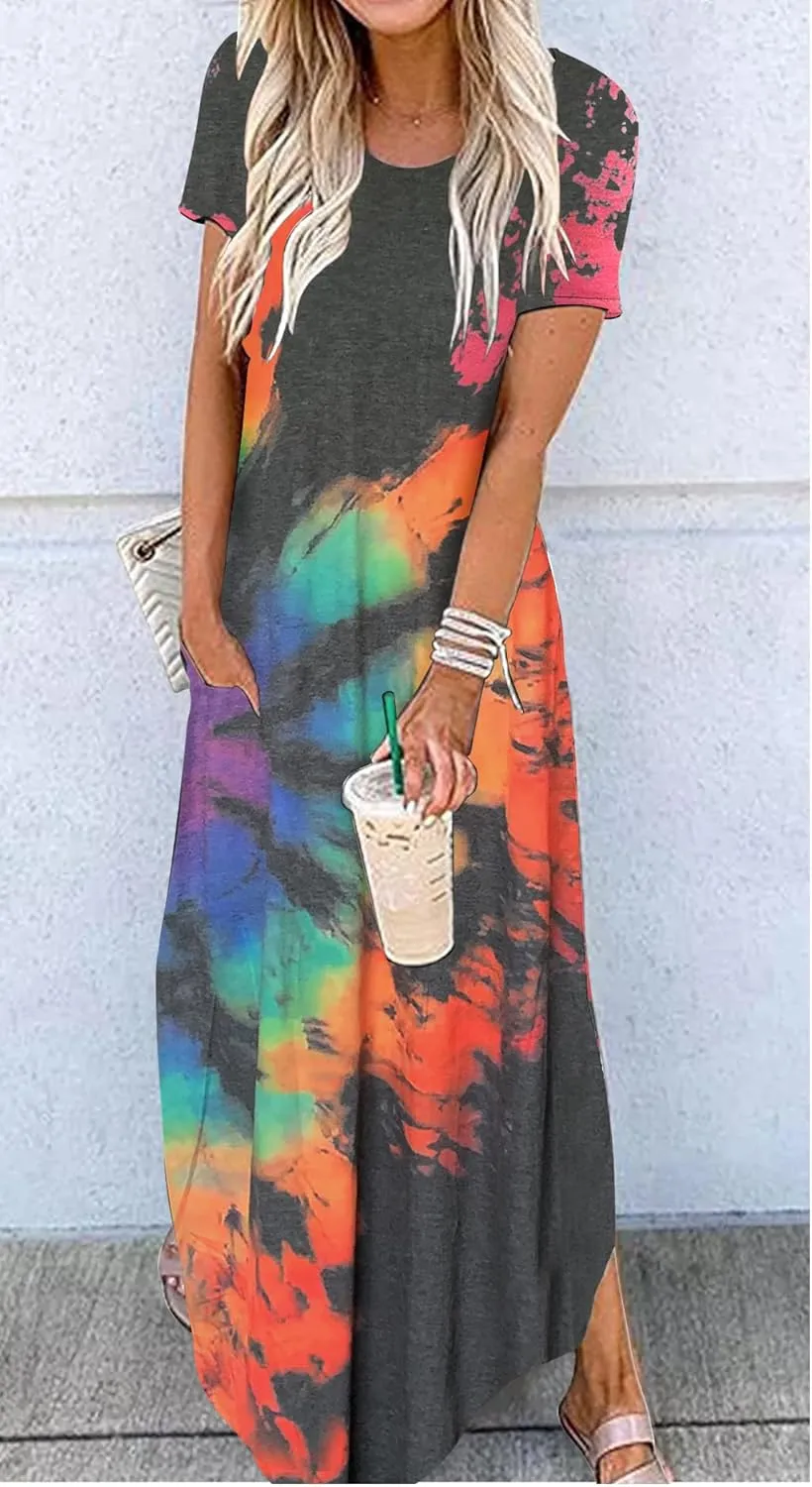 CHUNTIANRAN Summer Casual Loose Short Sleeve Maxi Dress for Women Vacation Beach Long T Shirts Dresses Vacation Outfits