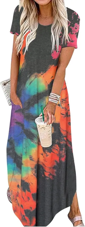 CHUNTIANRAN Summer Casual Loose Short Sleeve Maxi Dress for Women Vacation Beach Long T Shirts Dresses Vacation Outfits
