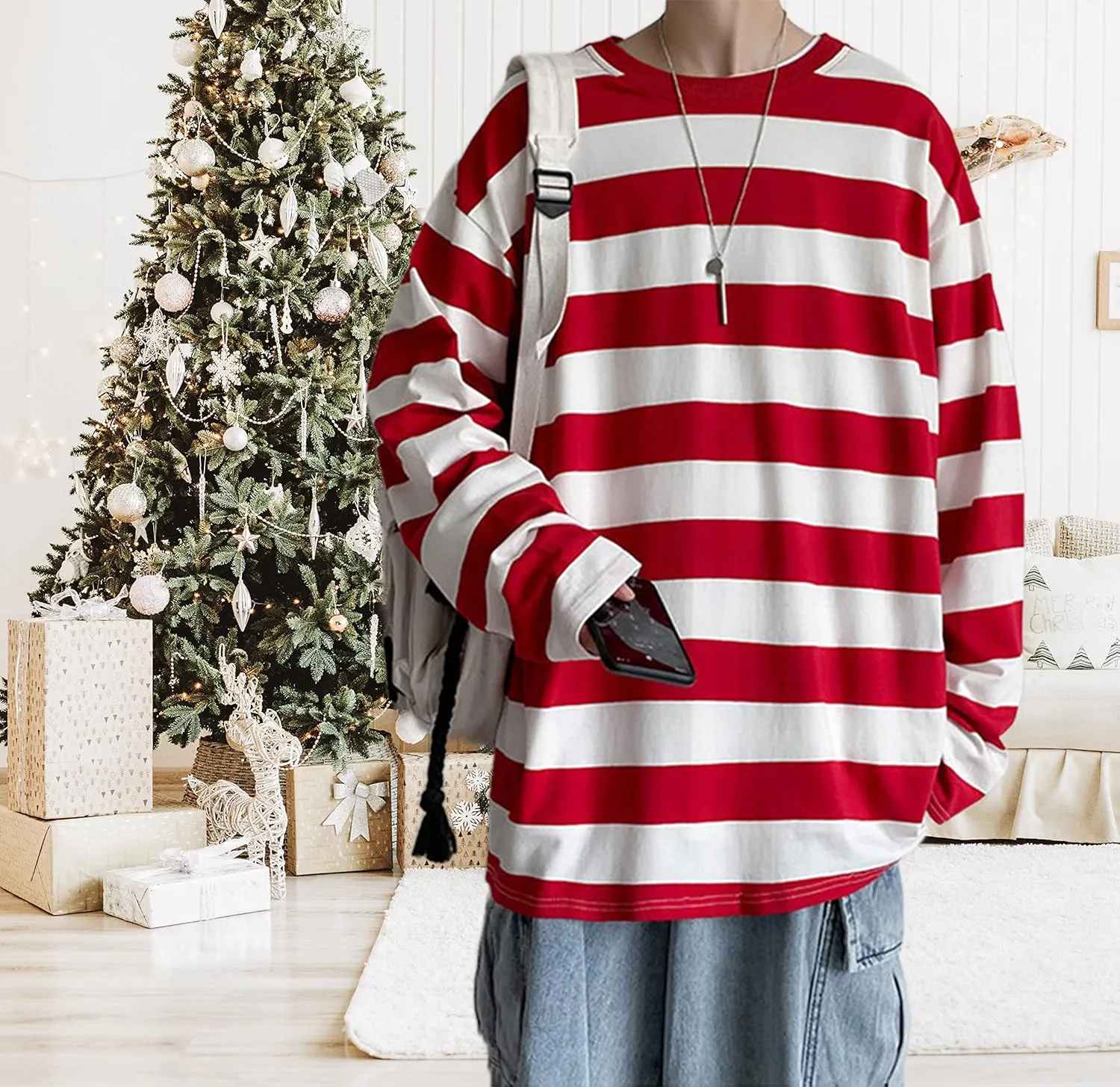 Chvity Womens Harajuku Long Sleeve Oversized T Shirts for Women Casual Crewneck Color Block Stripe Tops