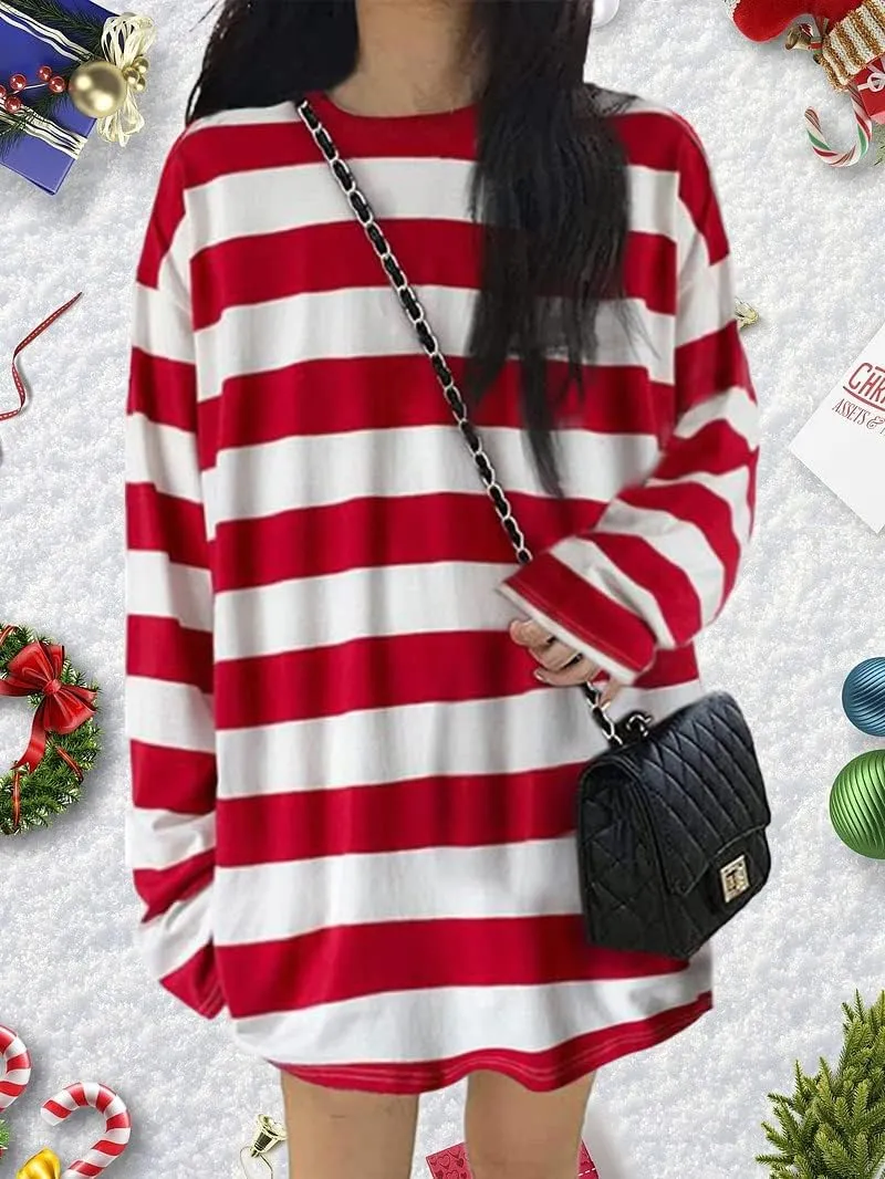 Chvity Womens Harajuku Long Sleeve Oversized T Shirts for Women Casual Crewneck Color Block Stripe Tops