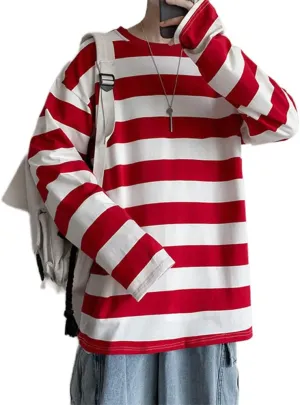 Chvity Womens Harajuku Long Sleeve Oversized T Shirts for Women Casual Crewneck Color Block Stripe Tops