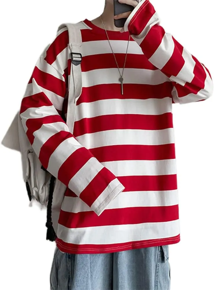 Chvity Womens Harajuku Long Sleeve Oversized T Shirts for Women Casual Crewneck Color Block Stripe Tops