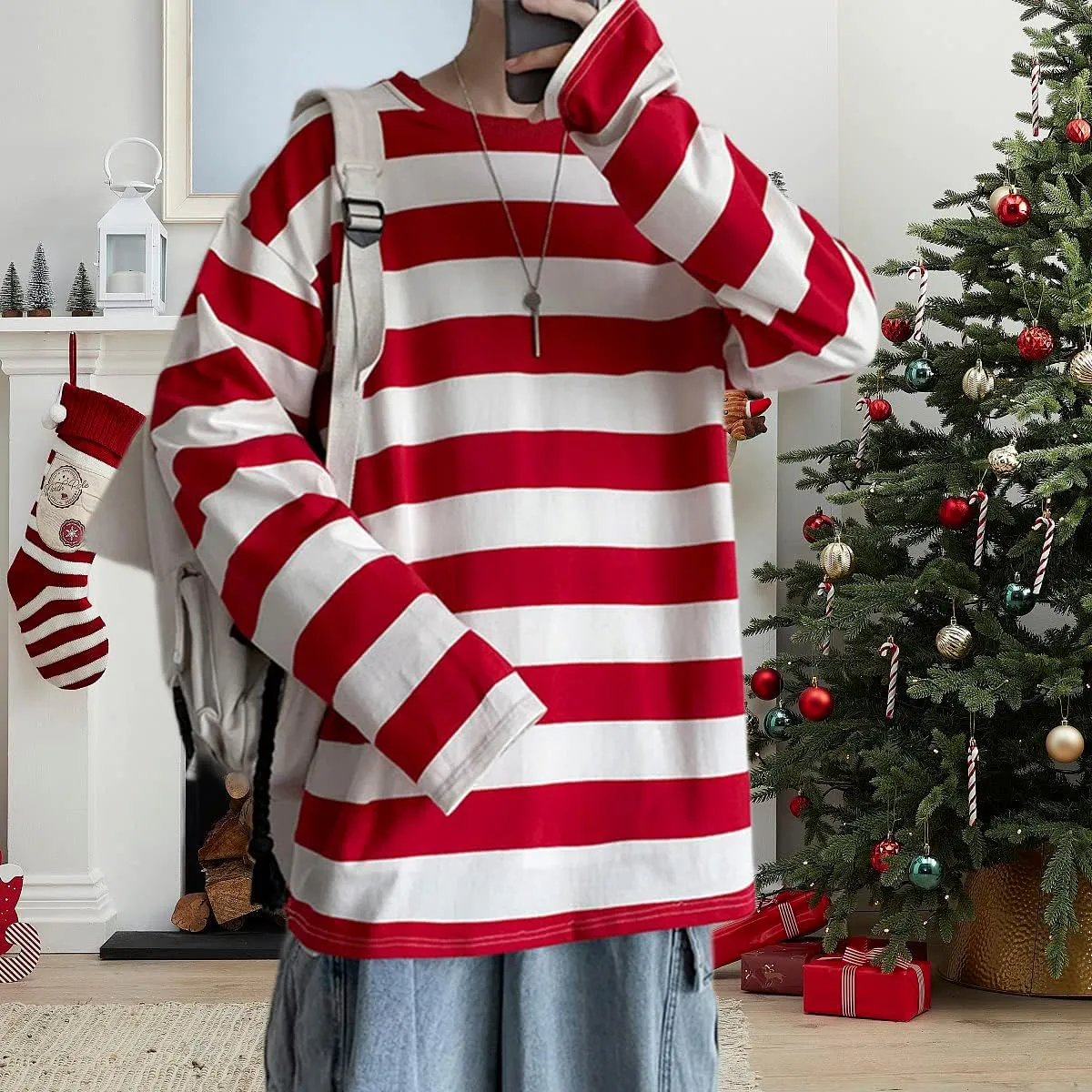 Chvity Womens Harajuku Long Sleeve Oversized T Shirts for Women Casual Crewneck Color Block Stripe Tops