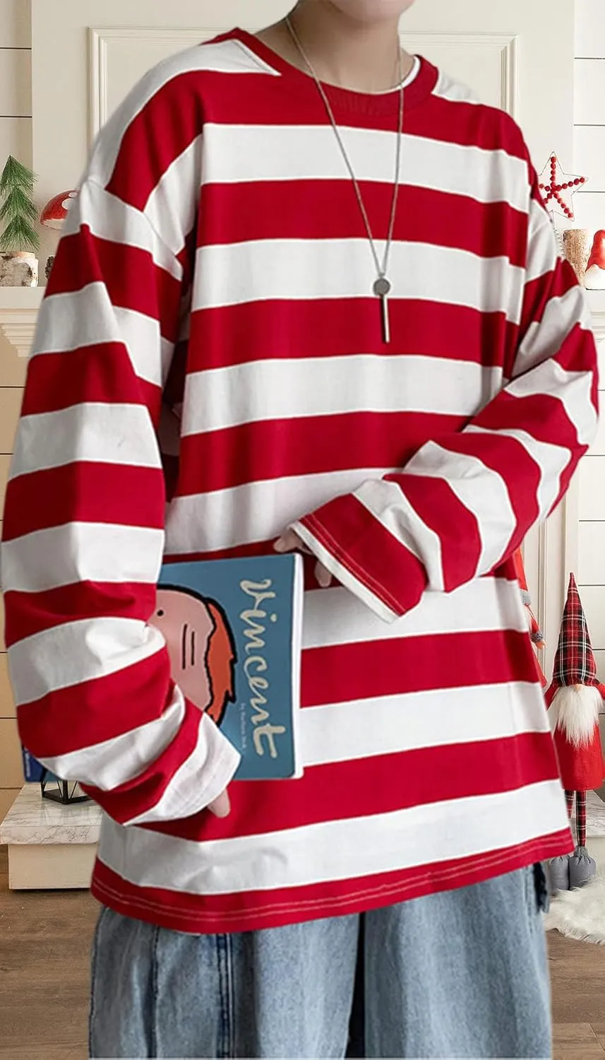 Chvity Womens Harajuku Long Sleeve Oversized T Shirts for Women Casual Crewneck Color Block Stripe Tops