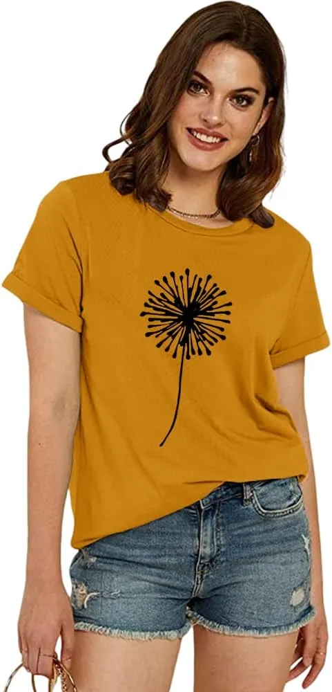 Cicy Bell Women's Dandelion Print T Shirts Cute Graphic Tees Short Sleeve Summer Cotton Tee Tops