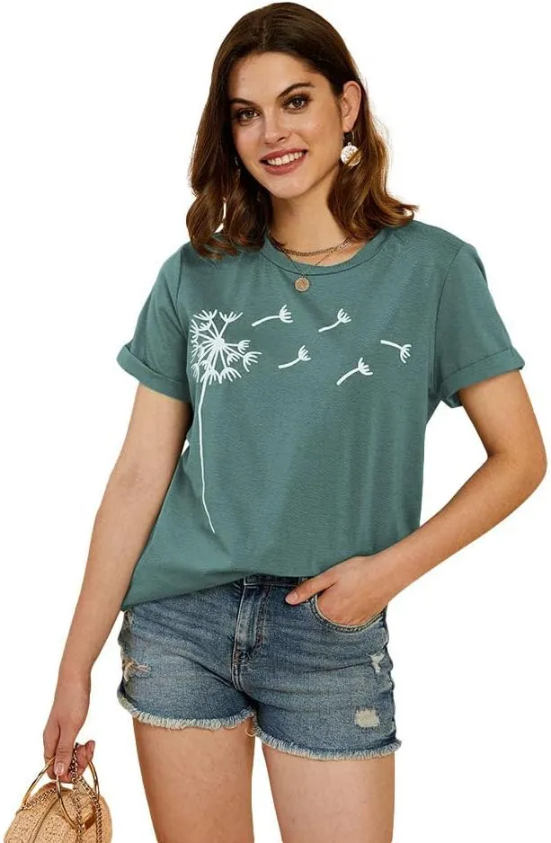 Cicy Bell Women's Dandelion Print T Shirts Cute Graphic Tees Short Sleeve Summer Cotton Tee Tops