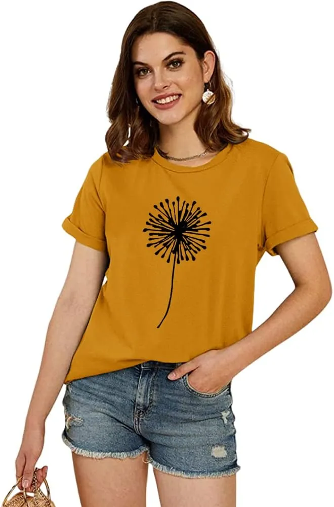 Cicy Bell Women's Dandelion Print T Shirts Cute Graphic Tees Short Sleeve Summer Cotton Tee Tops