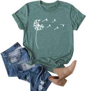 Cicy Bell Women's Dandelion Print T Shirts Cute Graphic Tees Short Sleeve Summer Cotton Tee Tops