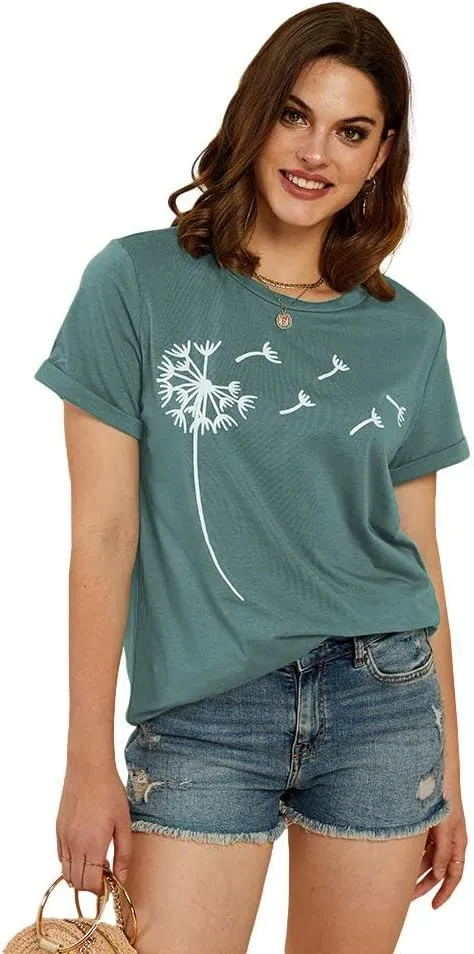 Cicy Bell Women's Dandelion Print T Shirts Cute Graphic Tees Short Sleeve Summer Cotton Tee Tops