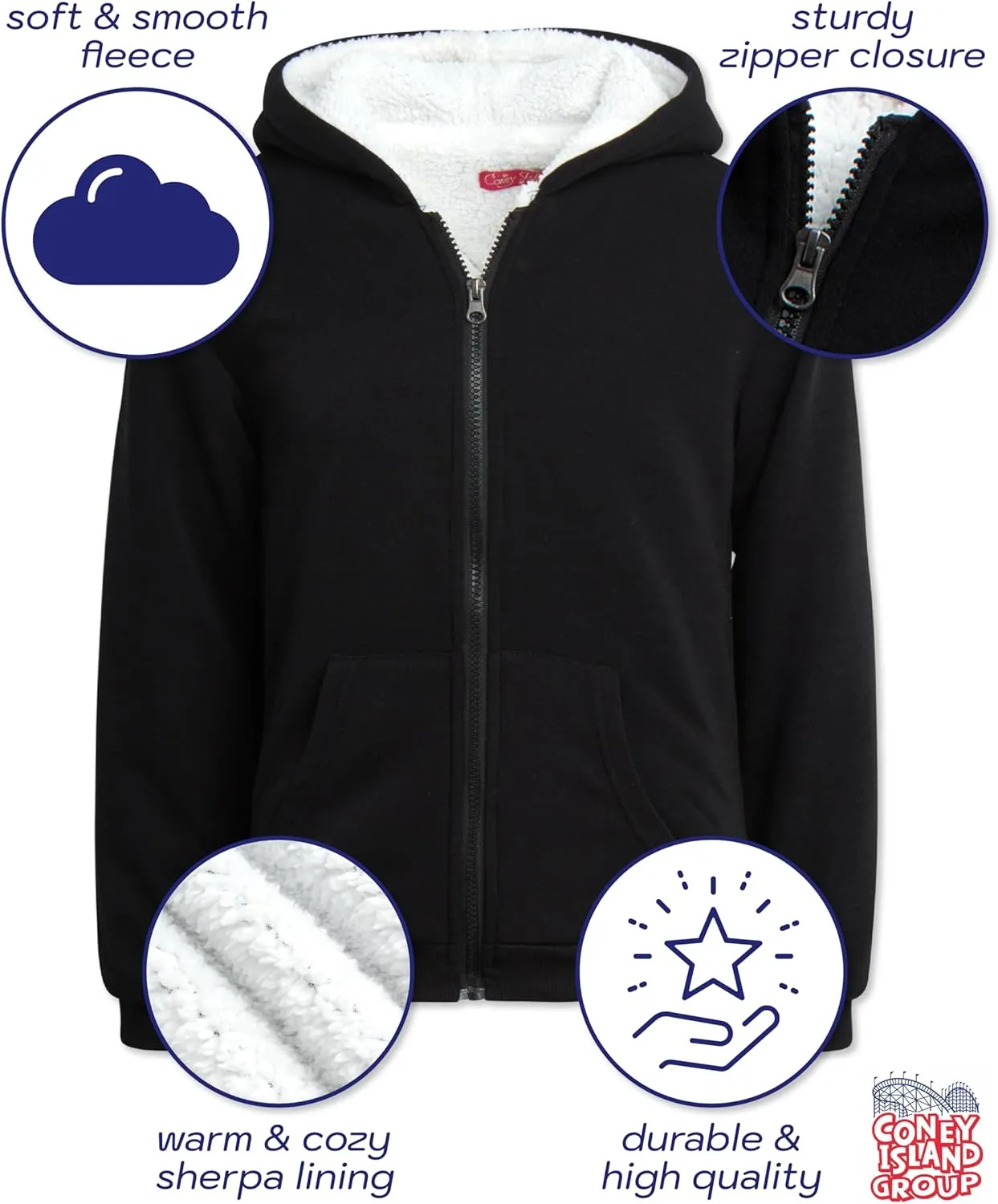 Coney Island Girls Sweatshirt - Cozy Warm Sherpa Lined Soft Fleece Zip Up Hoodie Sweatshirt for Girls (Sizes Run Small: 4-16)