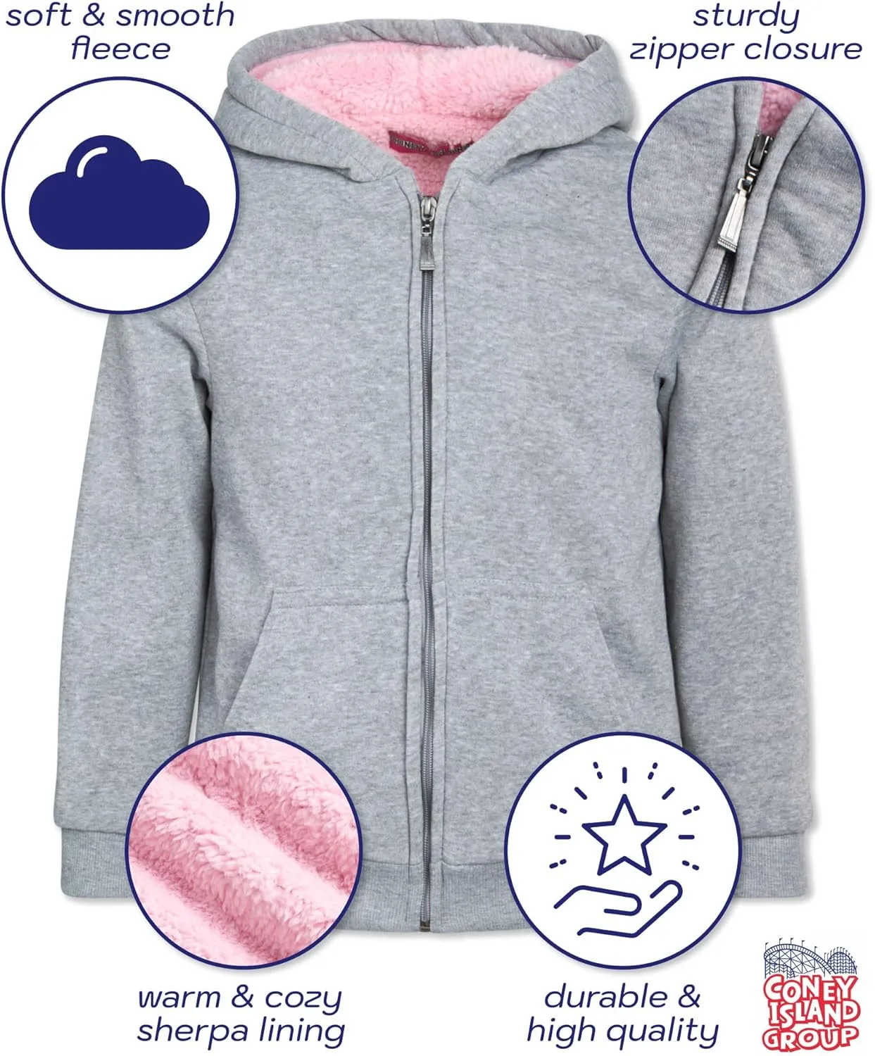 Coney Island Girls Sweatshirt - Cozy Warm Sherpa Lined Soft Fleece Zip Up Hoodie Sweatshirt for Girls (Sizes Run Small: 4-16)