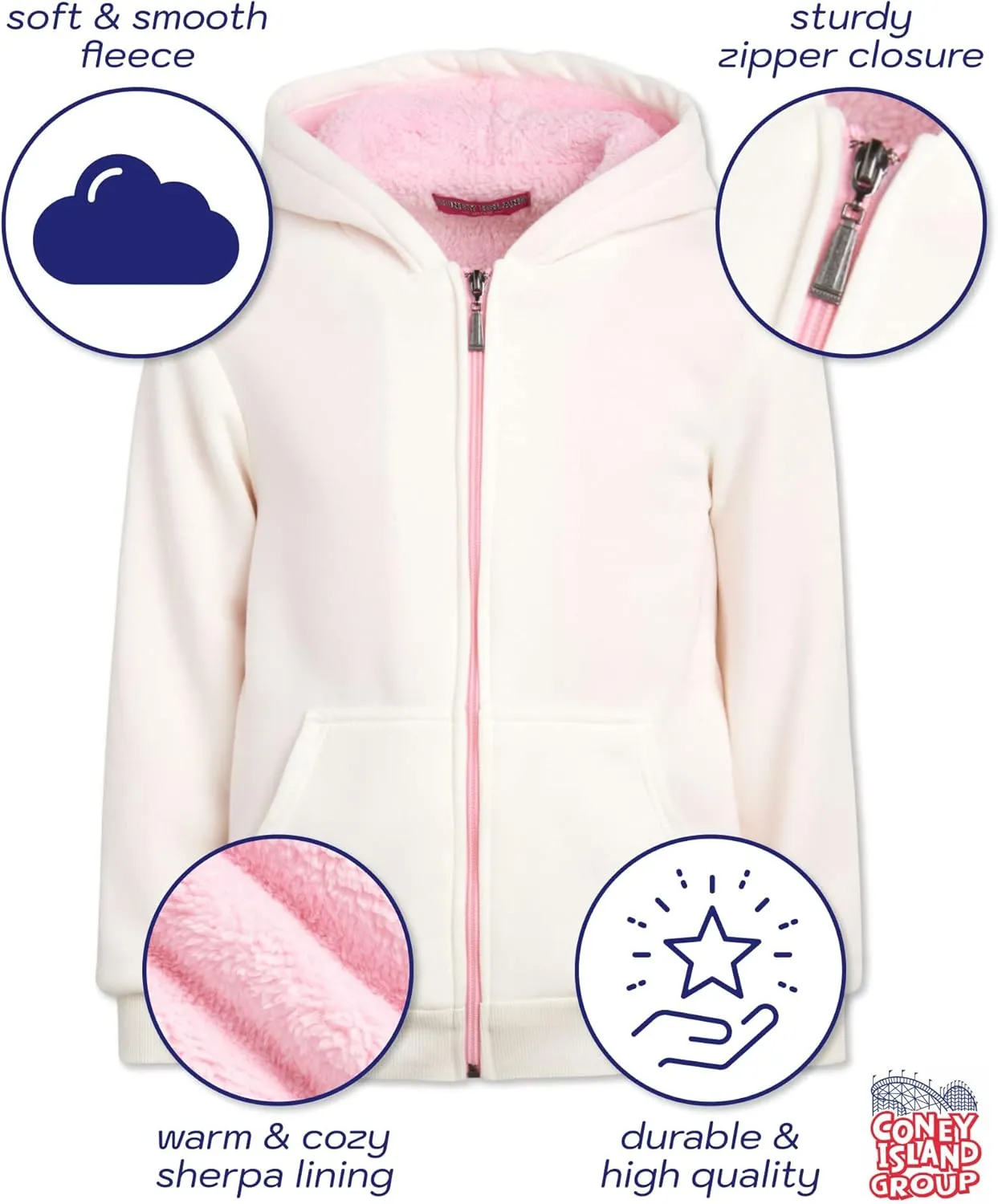 Coney Island Girls Sweatshirt - Cozy Warm Sherpa Lined Soft Fleece Zip Up Hoodie Sweatshirt for Girls (Sizes Run Small: 4-16)