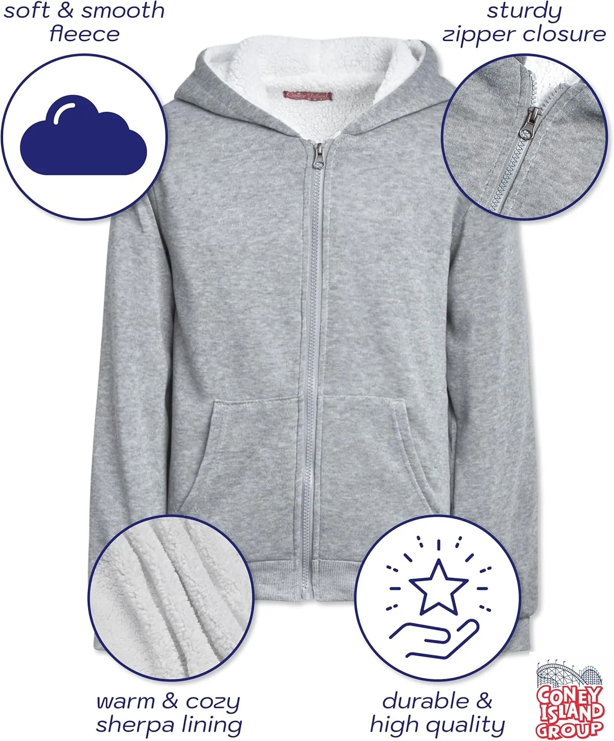 Coney Island Girls Sweatshirt - Cozy Warm Sherpa Lined Soft Fleece Zip Up Hoodie Sweatshirt for Girls (Sizes Run Small: 4-16)
