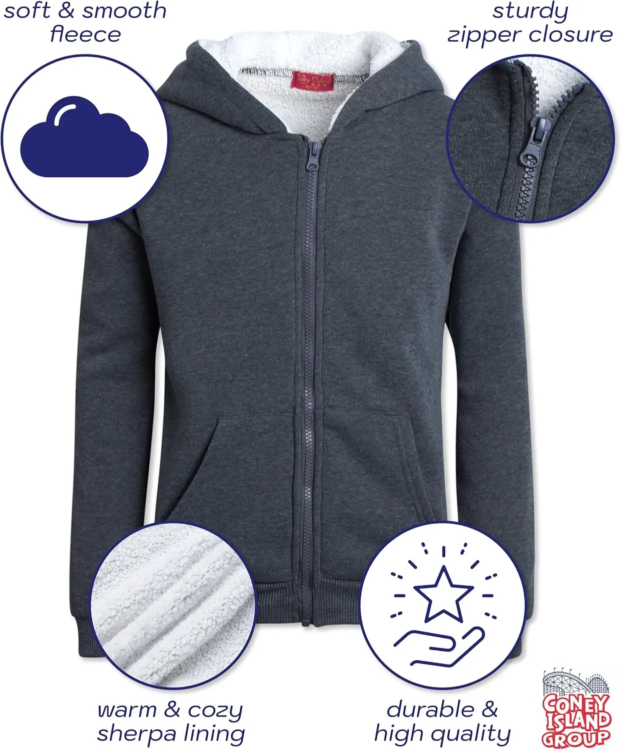 Coney Island Girls Sweatshirt - Cozy Warm Sherpa Lined Soft Fleece Zip Up Hoodie Sweatshirt for Girls (Sizes Run Small: 4-16)