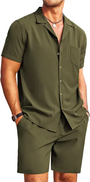 COOFANDY Men's 2 Pieces Shirt Set Short Sleeve Button Down Casual Hippie Holiday Beach T-Shirts Shorts Outfits