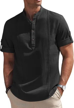COOFANDY Men's Cotton Linen Henley Shirt Short Sleeve Hippie Casual Band Collar Summer Beach T-Shirts