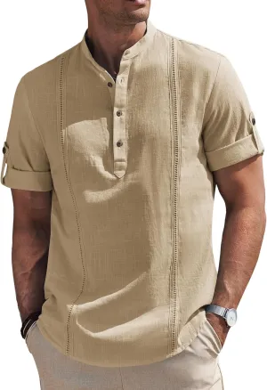 COOFANDY Men's Cotton Linen Henley Shirt Short Sleeve Hippie Casual Band Collar Summer Beach T-Shirts
