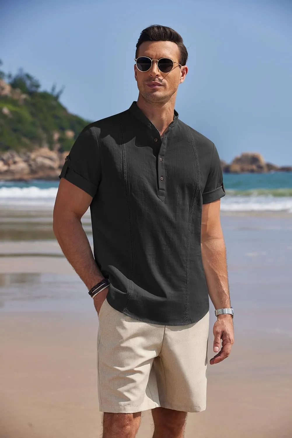 COOFANDY Men's Cotton Linen Henley Shirt Short Sleeve Hippie Casual Band Collar Summer Beach T-Shirts