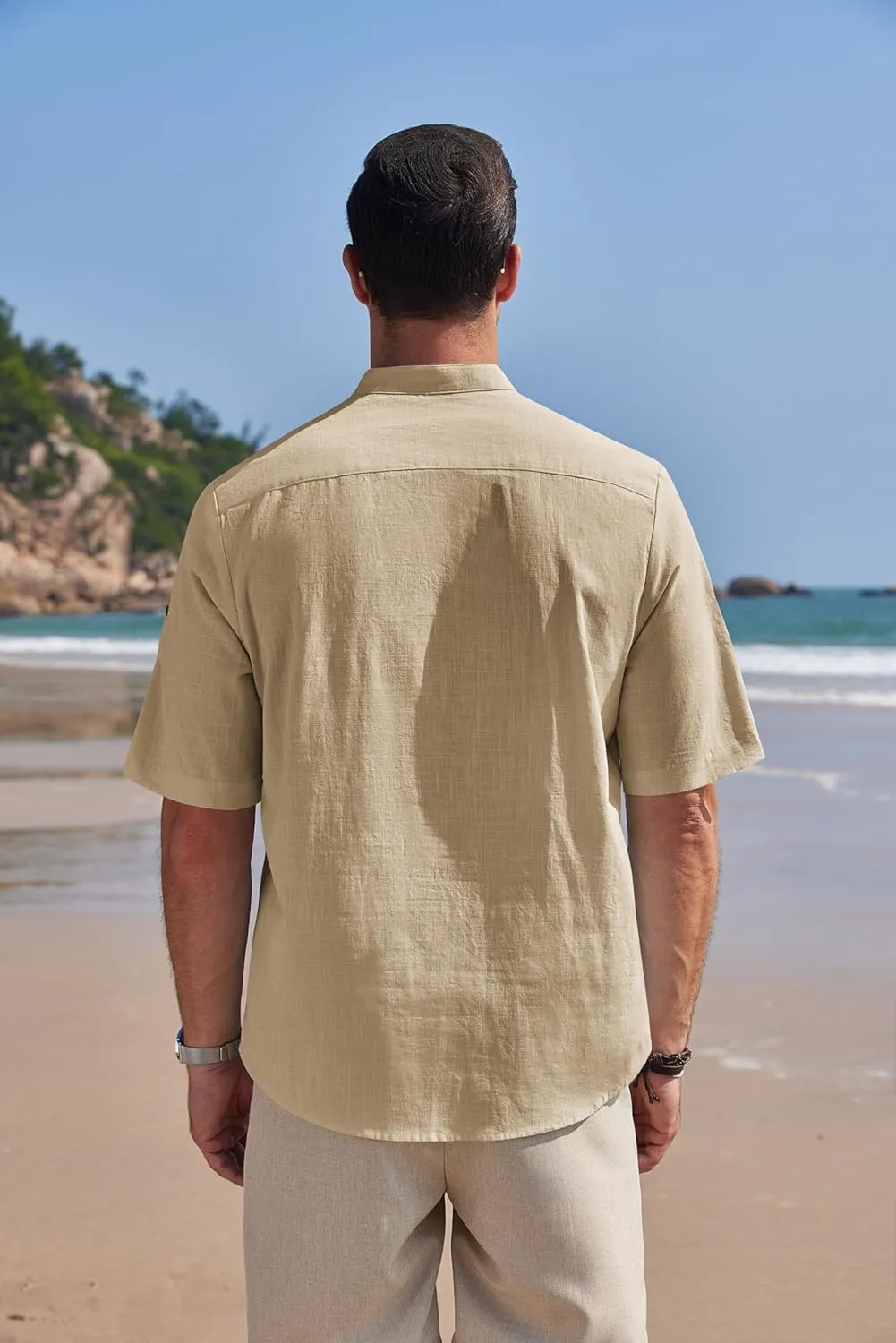 COOFANDY Men's Cotton Linen Henley Shirt Short Sleeve Hippie Casual Band Collar Summer Beach T-Shirts