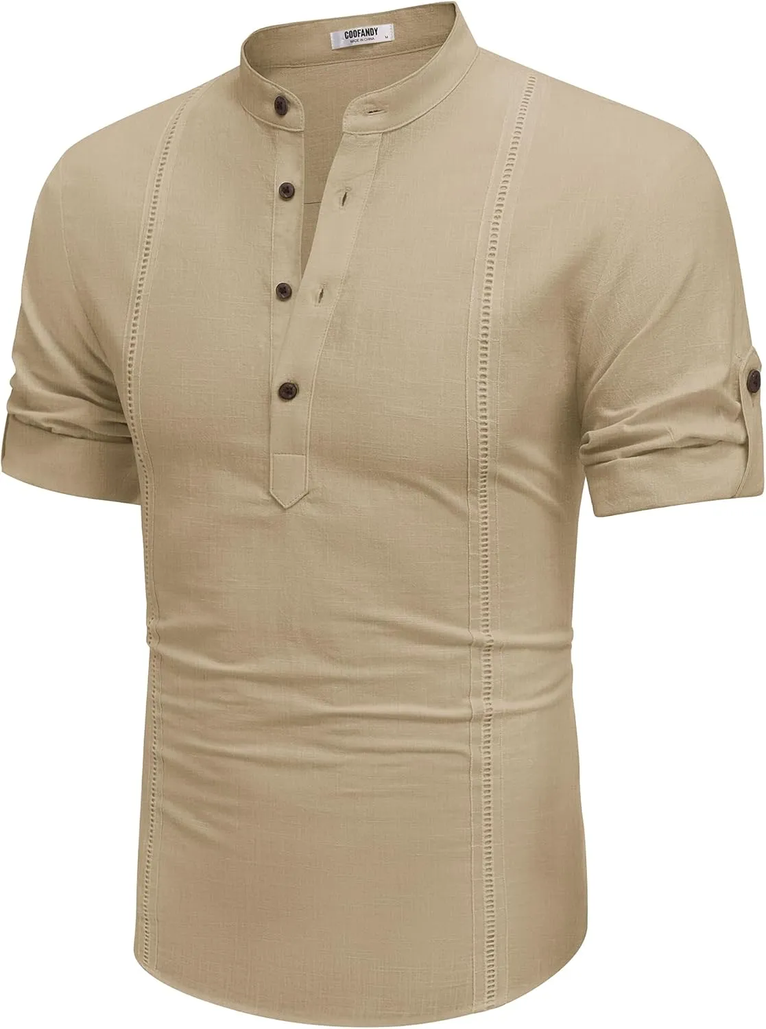 COOFANDY Men's Cotton Linen Henley Shirt Short Sleeve Hippie Casual Band Collar Summer Beach T-Shirts