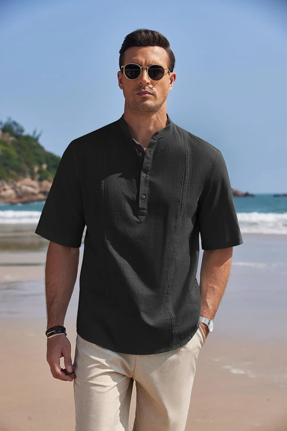 COOFANDY Men's Cotton Linen Henley Shirt Short Sleeve Hippie Casual Band Collar Summer Beach T-Shirts
