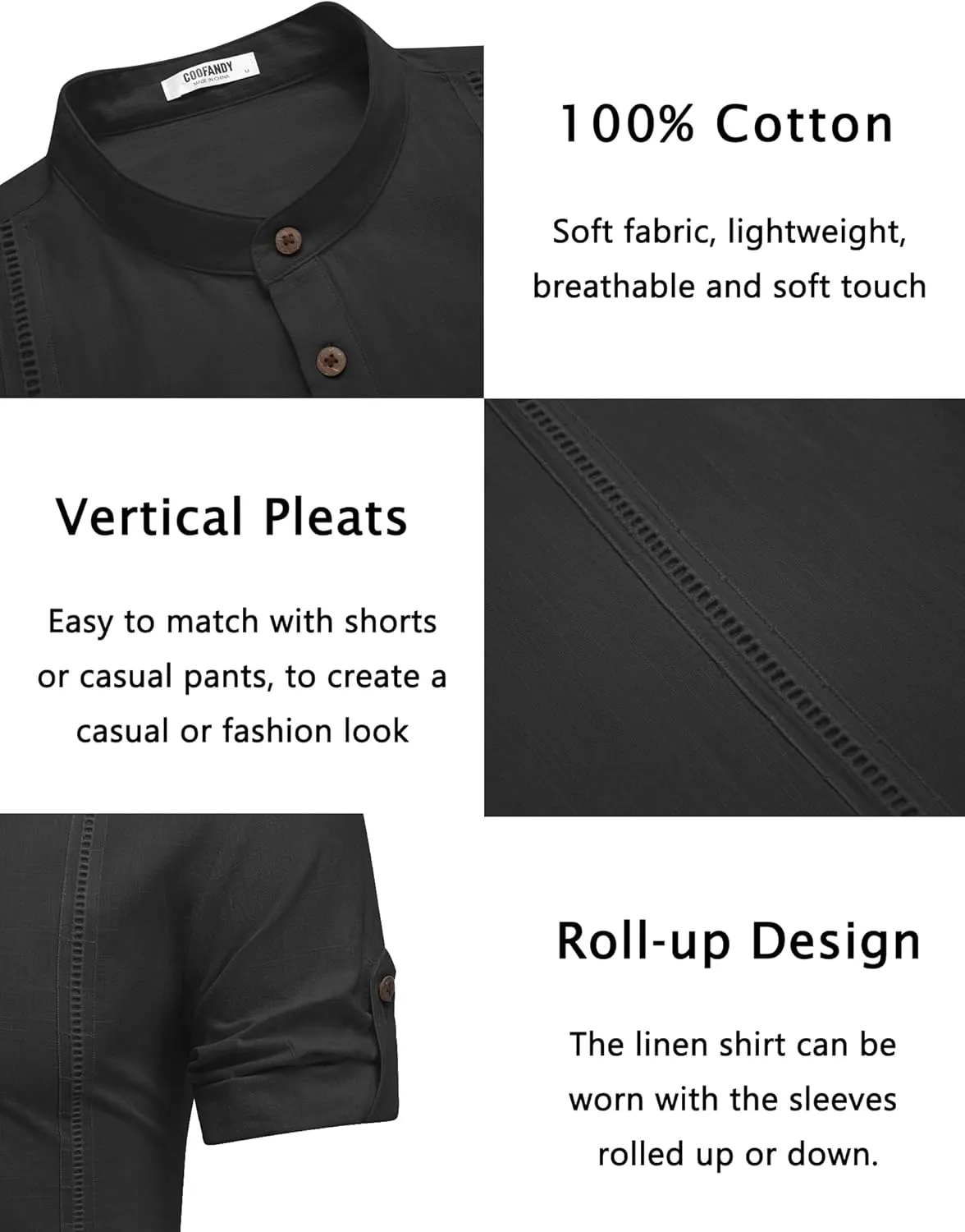COOFANDY Men's Cotton Linen Henley Shirt Short Sleeve Hippie Casual Band Collar Summer Beach T-Shirts
