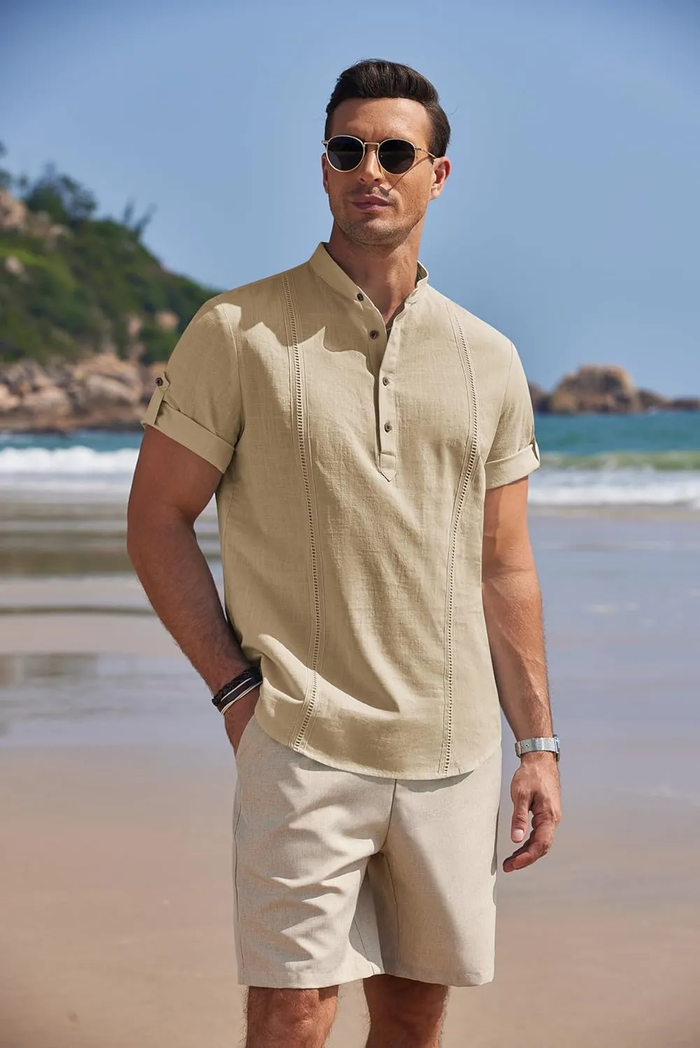 COOFANDY Men's Cotton Linen Henley Shirt Short Sleeve Hippie Casual Band Collar Summer Beach T-Shirts