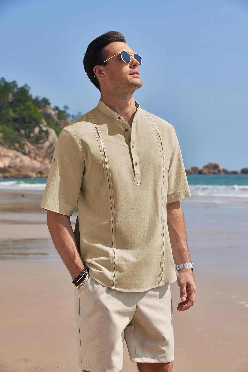 COOFANDY Men's Cotton Linen Henley Shirt Short Sleeve Hippie Casual Band Collar Summer Beach T-Shirts