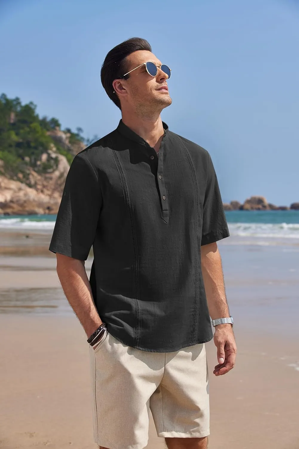 COOFANDY Men's Cotton Linen Henley Shirt Short Sleeve Hippie Casual Band Collar Summer Beach T-Shirts