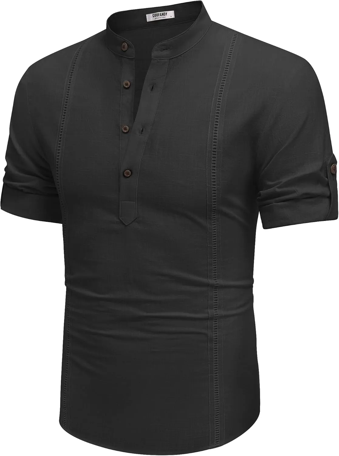 COOFANDY Men's Cotton Linen Henley Shirt Short Sleeve Hippie Casual Band Collar Summer Beach T-Shirts